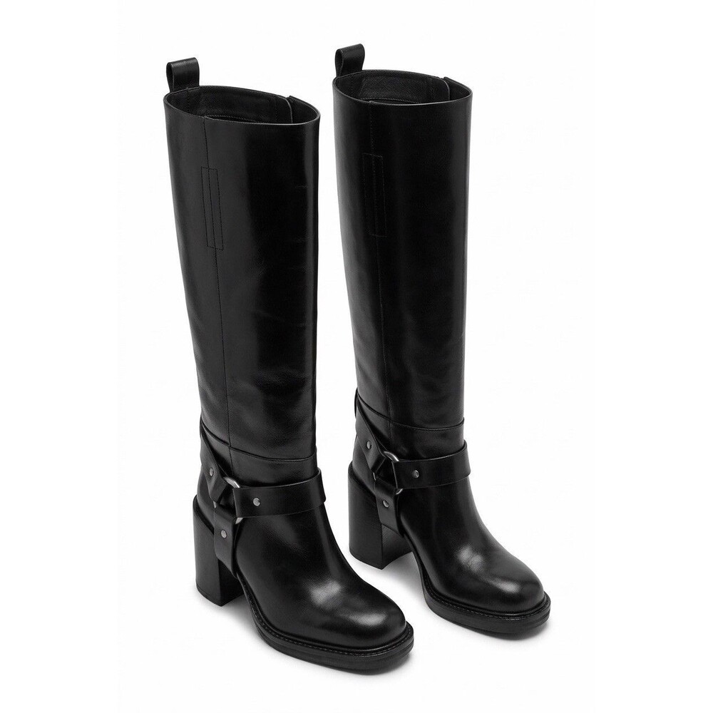 ZARA Black Genuine Leather Harness Knee High Riding Boots NWT US 6.5 EUR 37 $239